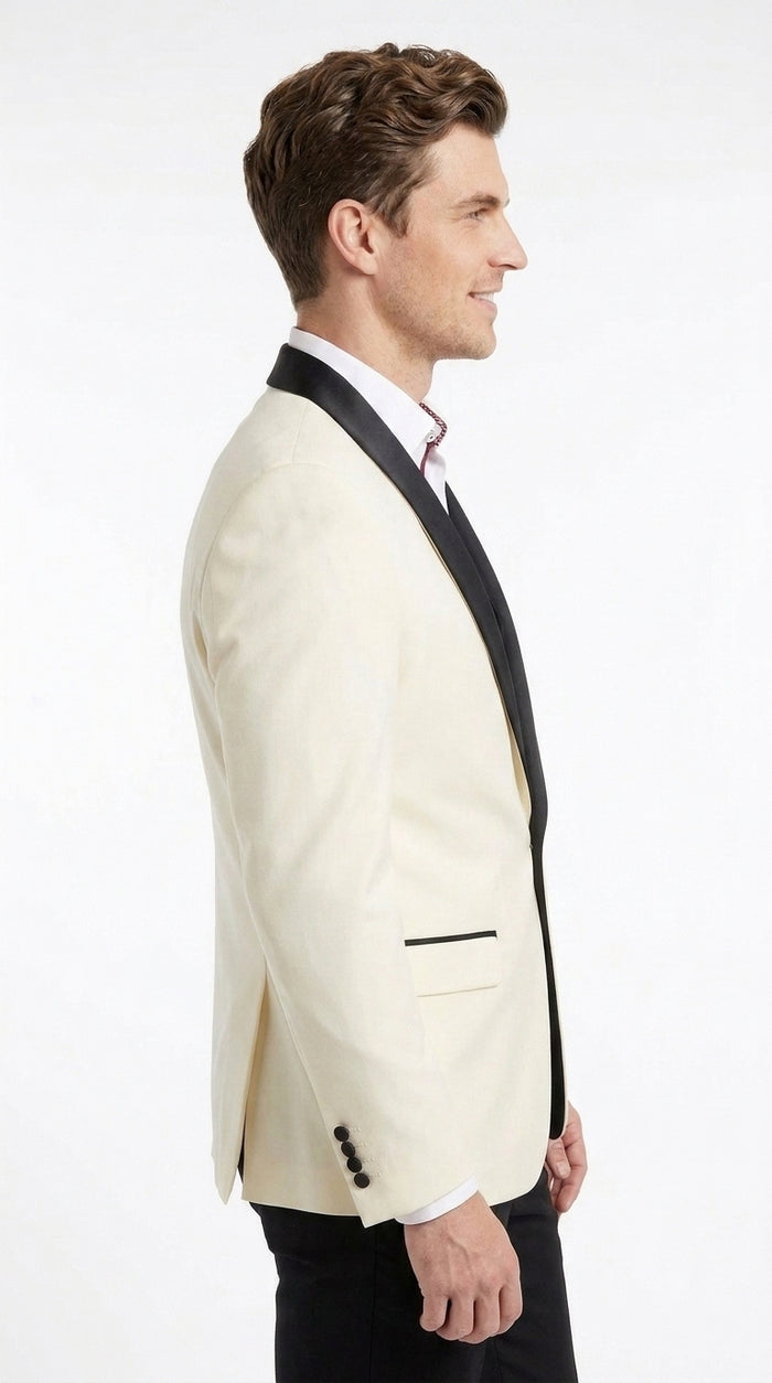 Men’s Ivory and Black Dinner Jacket, One Button Contrast Shawl Collar Formal Tuxedo Blazer