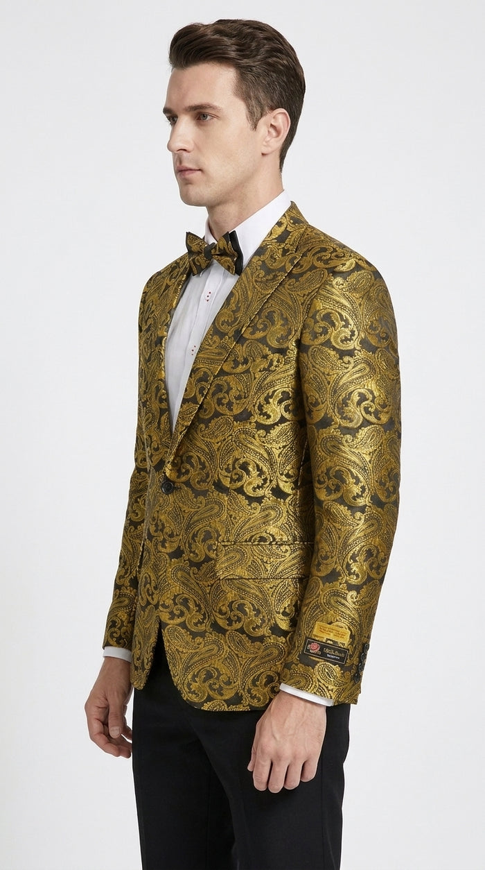 Men’s Gold Paisley Dinner Jacket Blazer – Fancy Formal Wedding Prom Party Tuxedo Jacket