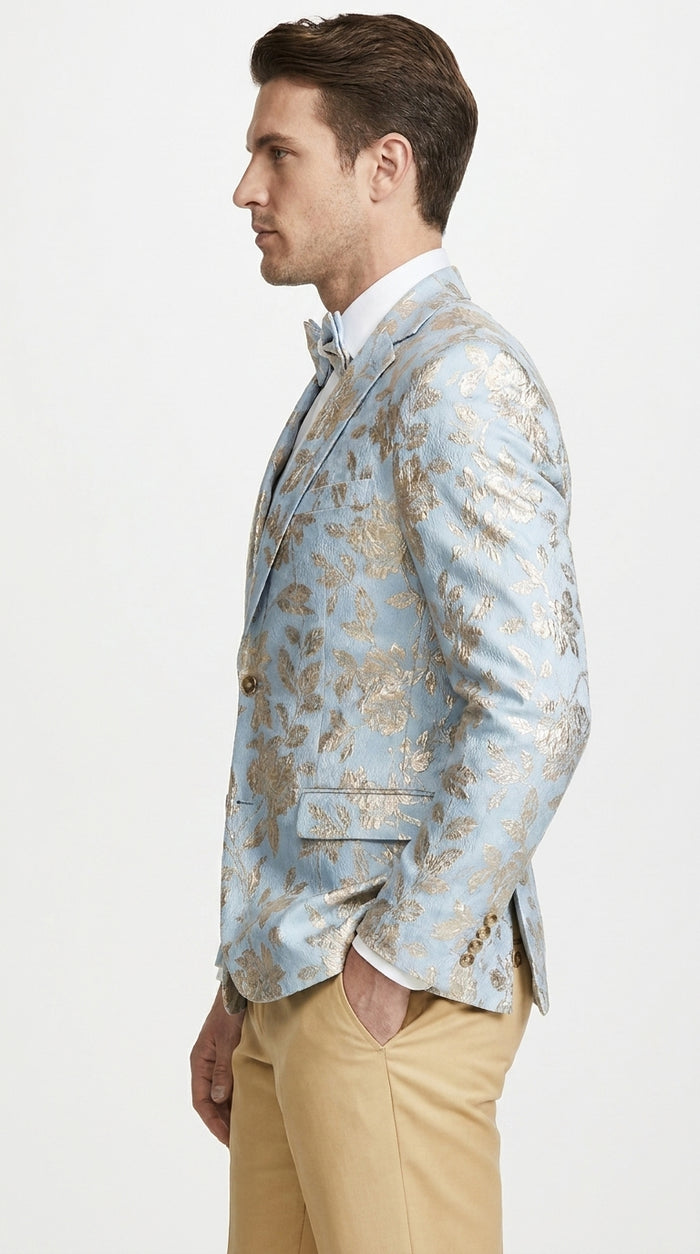 Men’s Sky Blue and Silver Foil Paisley Blazer, 2 Button Prom Wedding Party Dinner Jacket