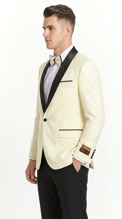 Men’s Ivory Prom Tuxedo Dinner Jacket, Black Shawl Lapel Formal Wedding Blazer