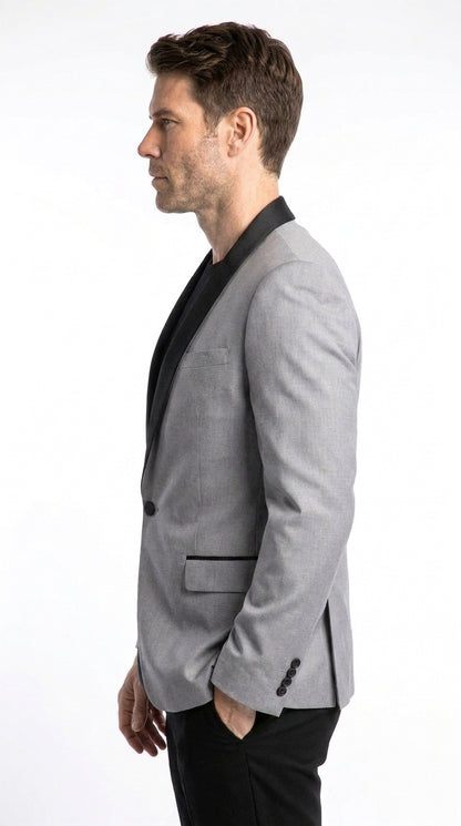 Men’s Light Grey Wool Dinner Jacket, 1 Button Black Shawl Lapel Formal Tuxedo Blazer