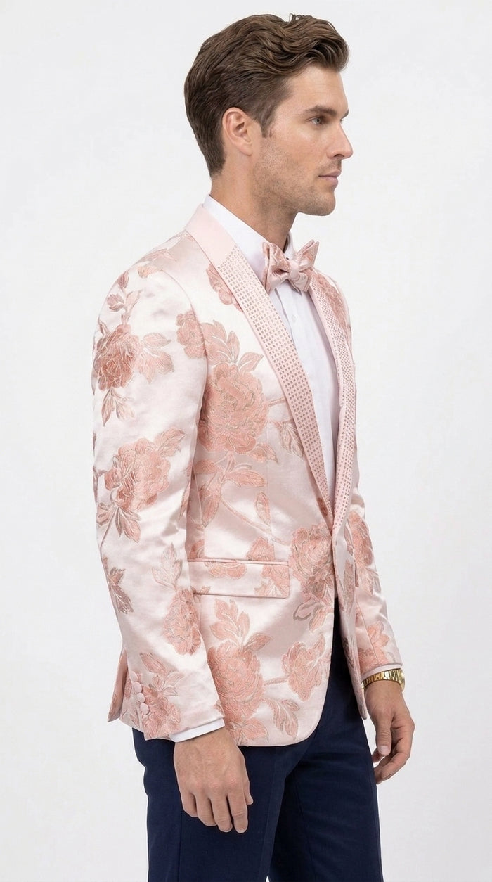 Men’s Pink Satin Paisley Prom Tuxedo Dinner Jacket, Floral Sport Coat Wedding Party Blazer