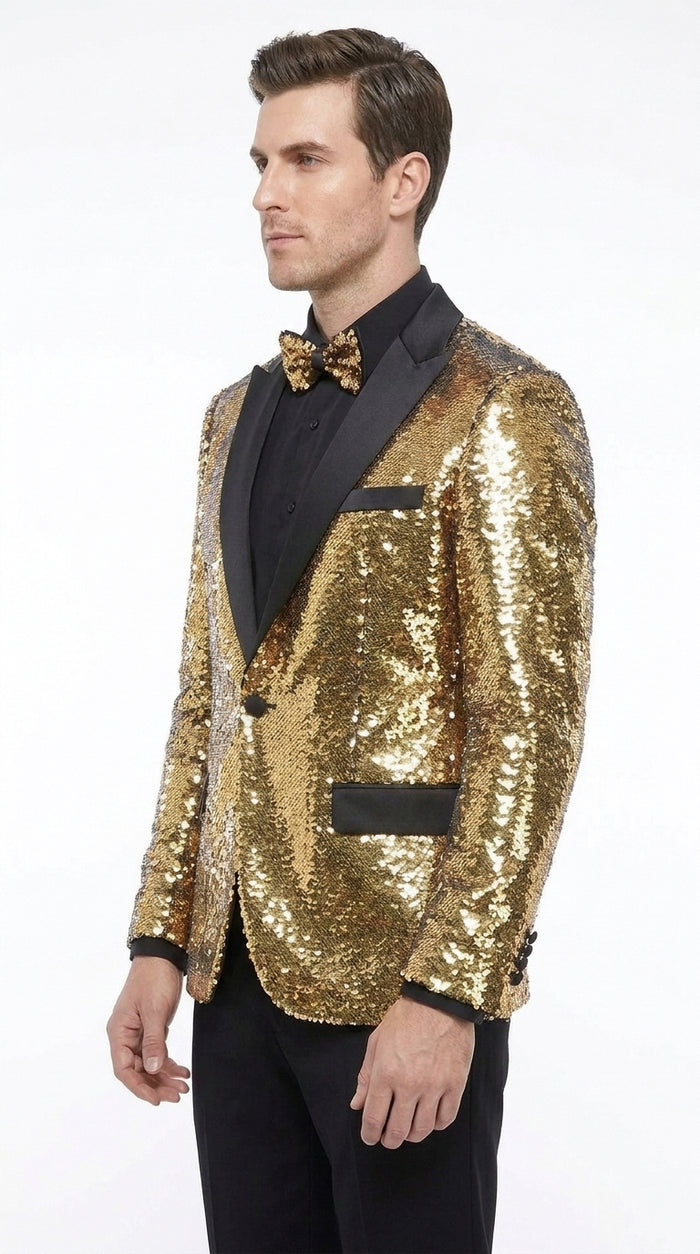 Men’s Gold and Black Sequin Tuxedo Jacket – Christmas, New Year, Prom and Party Dinner Blazer