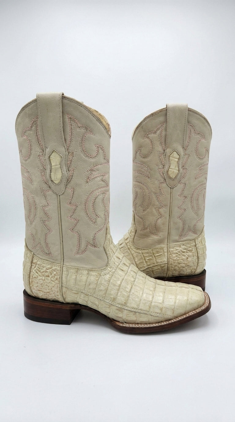 Men’s Winter White Caiman Tail Square Toe Cowboy Boots – Exotic Western Dress Boots