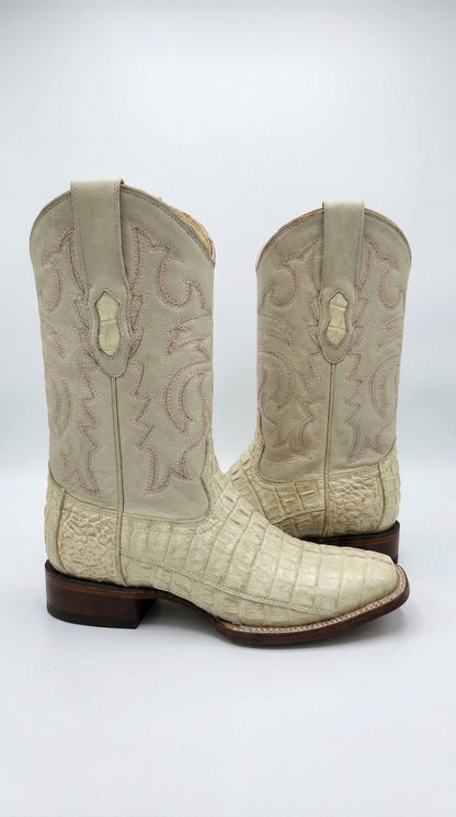 Men’s Winter White Caiman Tail Square Toe Cowboy Boots – Exotic Western Dress Boots