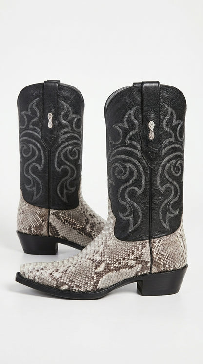 Men’s Natural Python Cowboy Boots – Exotic Snip Toe Western Dress Boots with Black Leather Shaft