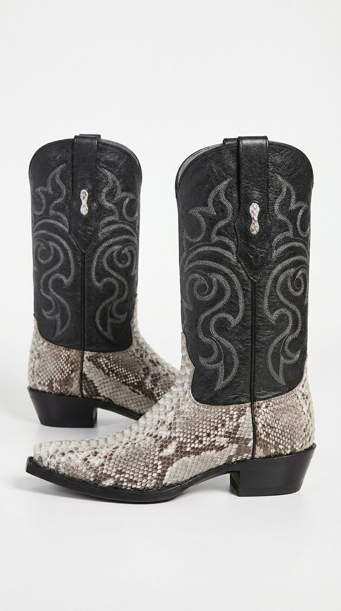 Men’s Natural Python Cowboy Boots – Exotic Snip Toe Western Dress Boots with Black Leather Shaft