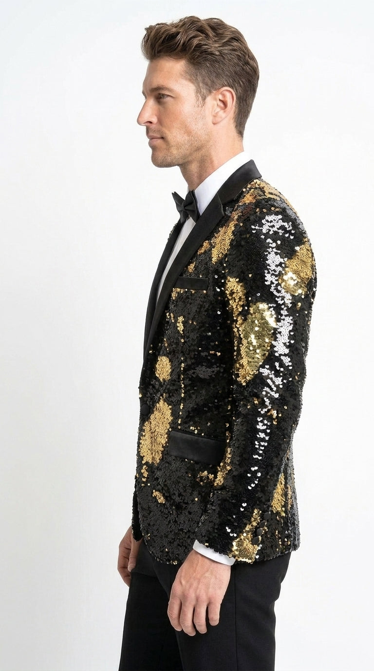 Men’s Black and Gold Reversible Sequin Blazer, Formal Party Dinner Jacket for Prom and Stage Events