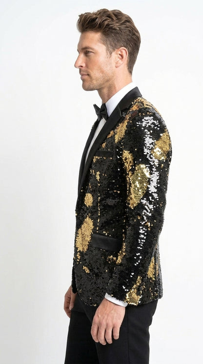 Men’s Black and Gold Reversible Sequin Blazer, Formal Party Dinner Jacket for Prom and Stage Events