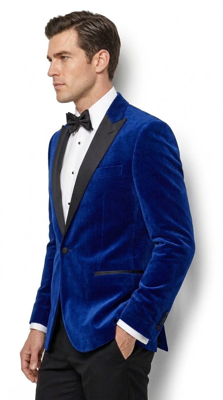 Men’s Royal Blue Velvet Tuxedo Dinner Jacket with Black Shawl Lapel Formal Blazer
