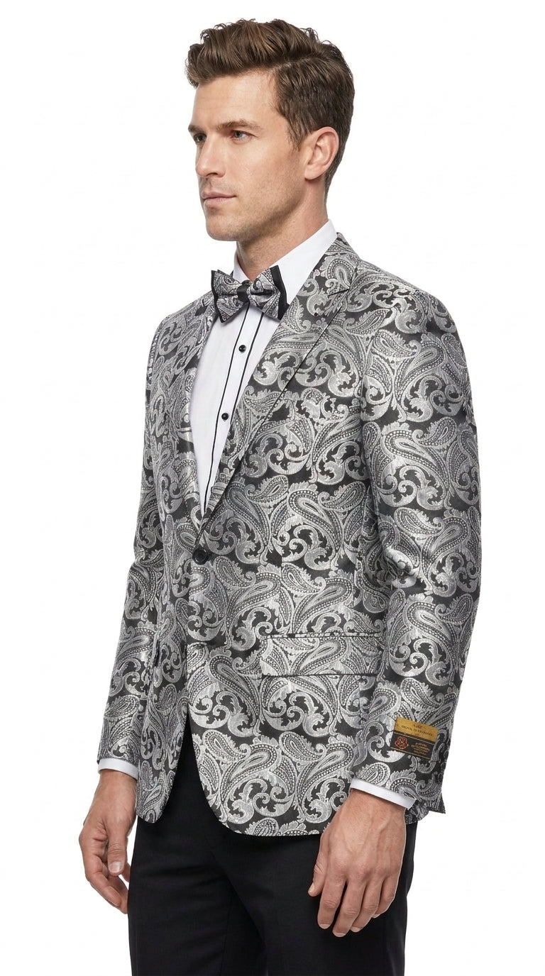 Men’s Silver Grey & Black Paisley Dinner Jacket – Formal Tuxedo Blazer