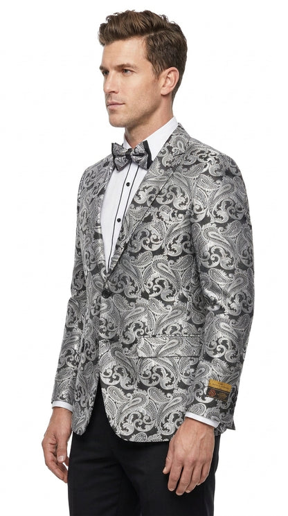 Men’s Silver Grey & Black Paisley Dinner Jacket – Formal Tuxedo Blazer