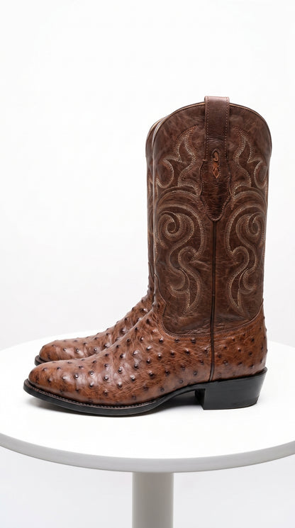 Men’s Los Altos Kango Tabac Genuine Ostrich Round Toe Boots, Exotic Western Cowboy Dress Boots
