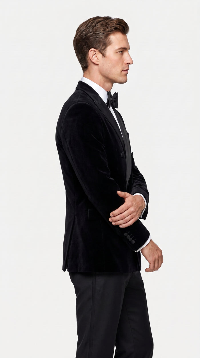 Men’s Black Velvet Double Breasted Tuxedo Blazer with Satin Peak Lapel, Formal Dinner Jacket