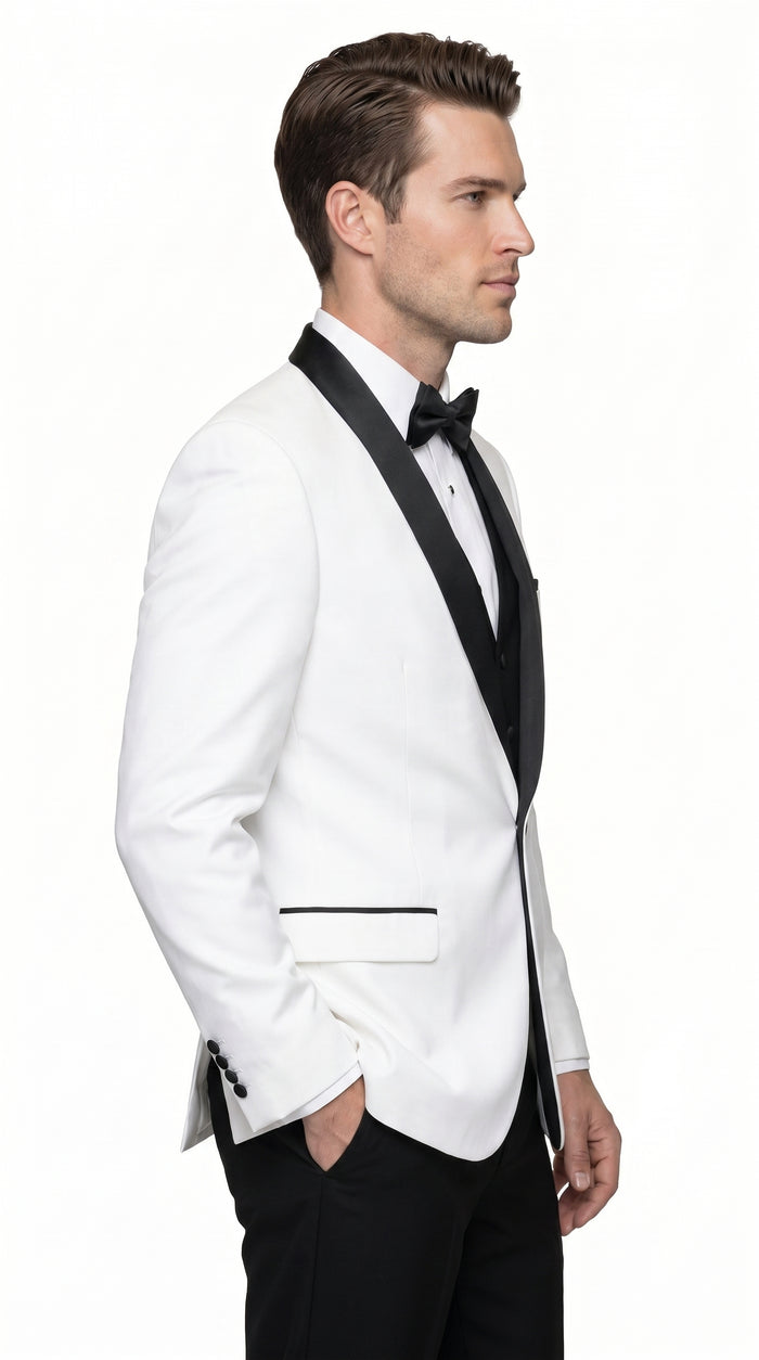 Men’s White and Black Shawl Lapel Dinner Jacket, 1 Button Wool Formal Tuxedo Blazer