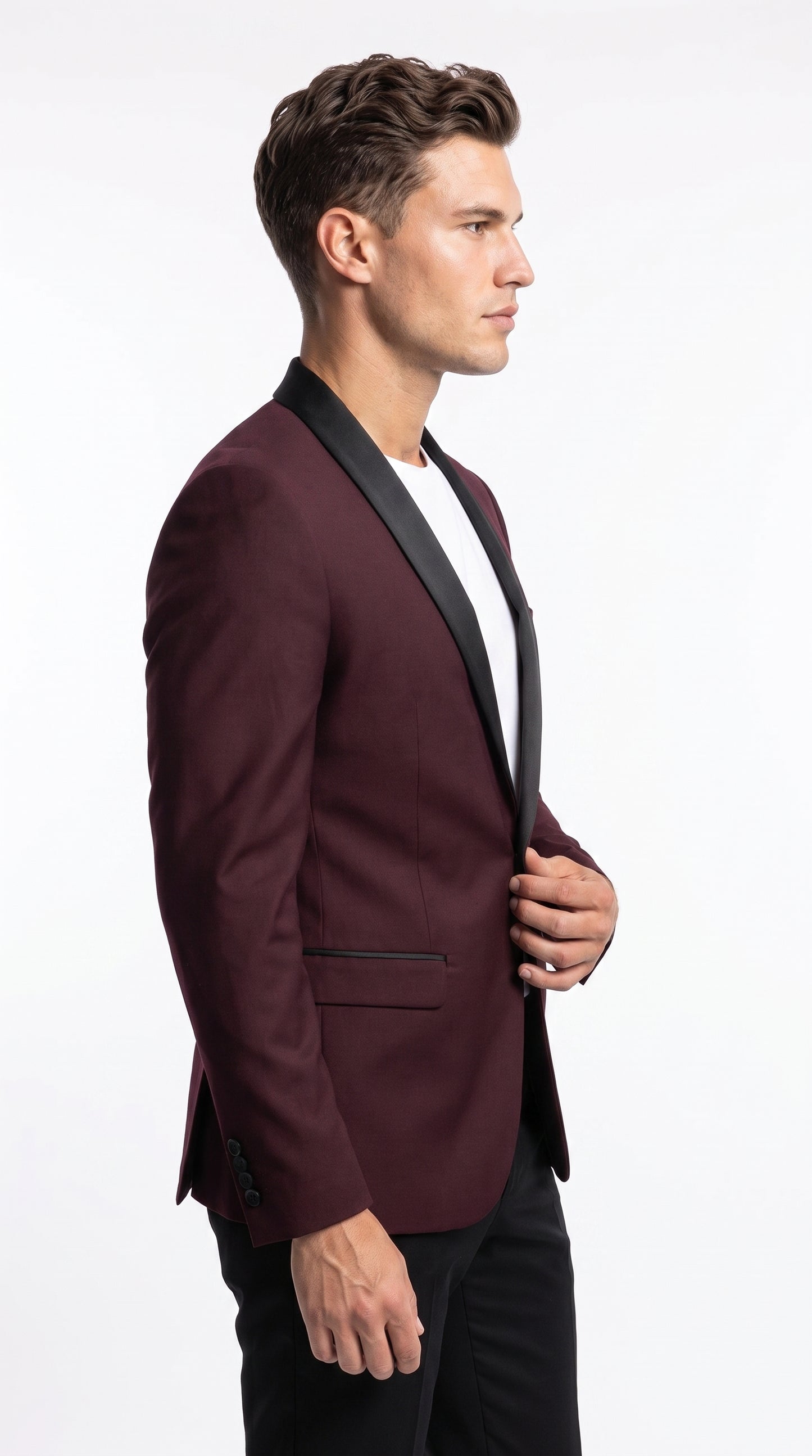 Men’s Burgundy Wool Dinner Jacket with Black Shawl Lapel, 1 Button Formal Tuxedo Blazer