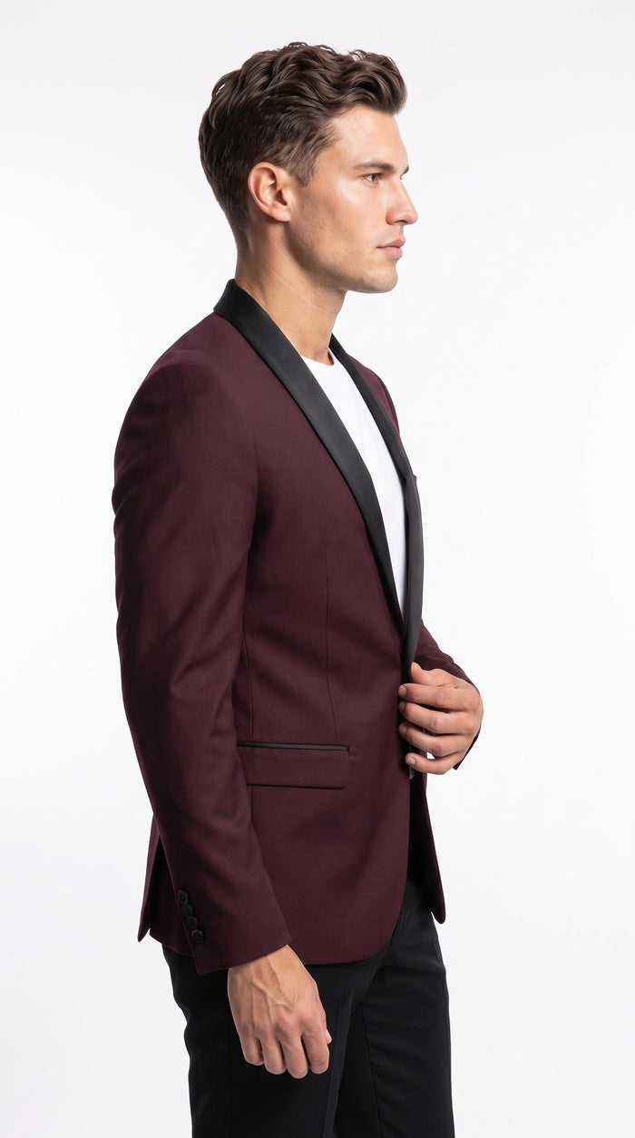Men’s Burgundy Wool Dinner Jacket with Black Shawl Lapel, 1 Button Formal Tuxedo Blazer