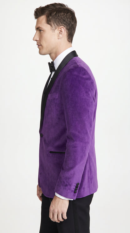 Men’s Purple Velvet Tuxedo Dinner Jacket – One Button Black Shawl Lapel Formal Blazer for Prom, Wedding and Party