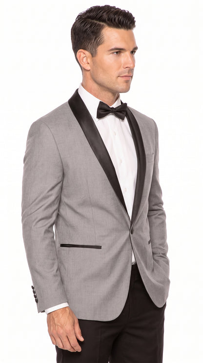 Men’s Light Grey Dinner Jacket with Black Shawl Lapel – 1 Button Tuxedo Blazer