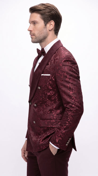 Men’s Burgundy Floral Jacquard Tuxedo Dinner Jacket, Paisley Velvet Lapel Formal Wedding Prom Blazer