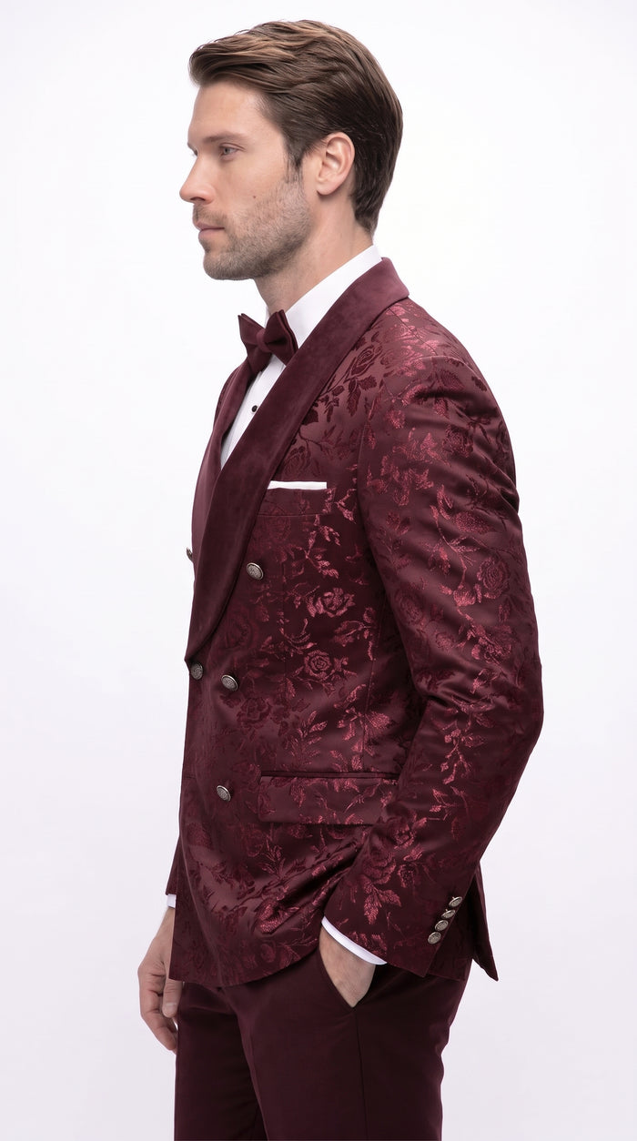 Men’s Burgundy Floral Jacquard Tuxedo Dinner Jacket, Paisley Velvet Lapel Formal Wedding Prom Blazer