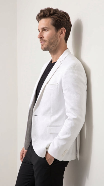 Men’s White Paisley Blazer, Formal Wedding Prom Dinner Jacket with Elegant Jacquard Pattern
