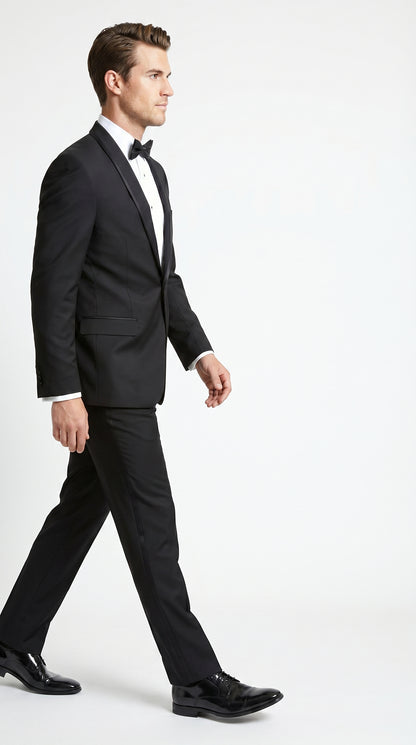 Men’s Black 1 Button Shawl Tuxedo with Black Satin Trim, Formal Wedding Dinner Suit