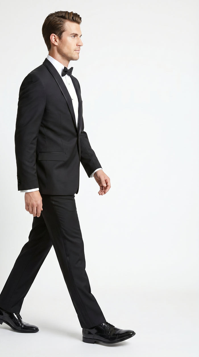 Men’s Black 1 Button Shawl Tuxedo with Black Satin Trim, Formal Wedding Dinner Suit