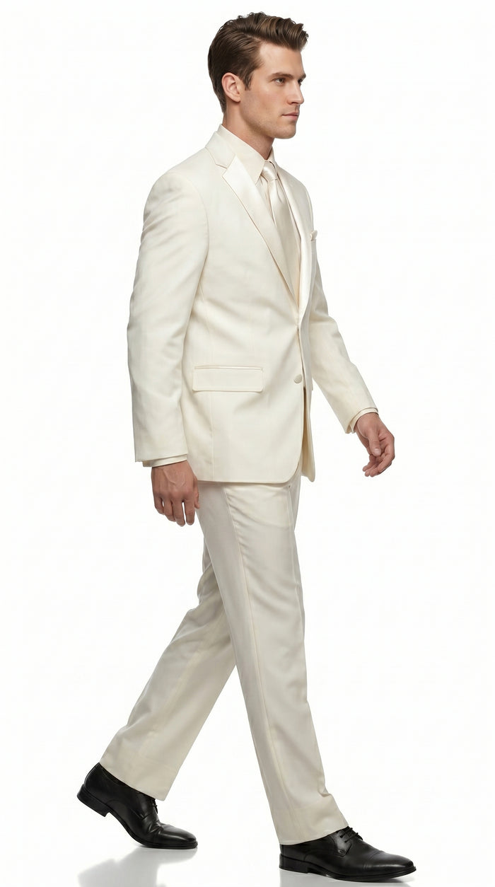 Men’s Ivory Classic Notch Tuxedo with 1 Button Jacket and Matching Pants, Formal Wedding Suit