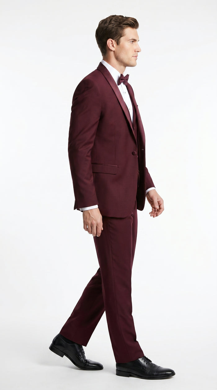 Men’s Burgundy Wool Vested Shawl Prom Tuxedo with One Button Jacket and Matching Pants