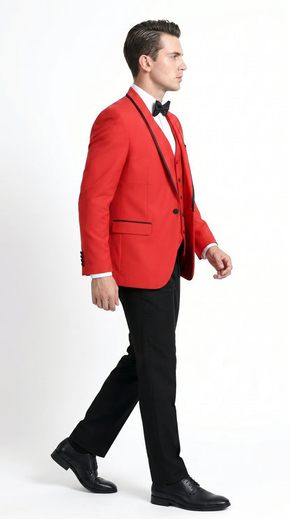 Men’s Red and Black One Button Shawl Tuxedo with Satin Trim, Formal Wedding Prom Dinner Suit