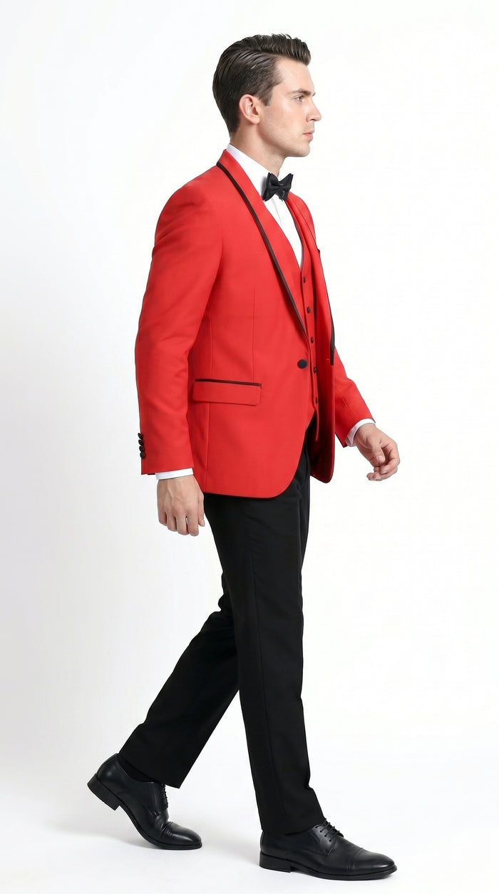 Men’s Red and Black One Button Shawl Tuxedo with Satin Trim, Formal Wedding Prom Dinner Suit
