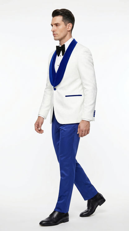 Men’s White Paisley Wedding Tuxedo with Royal Blue Velvet Shawl Lapel, Vested Prom Formal Suit Set