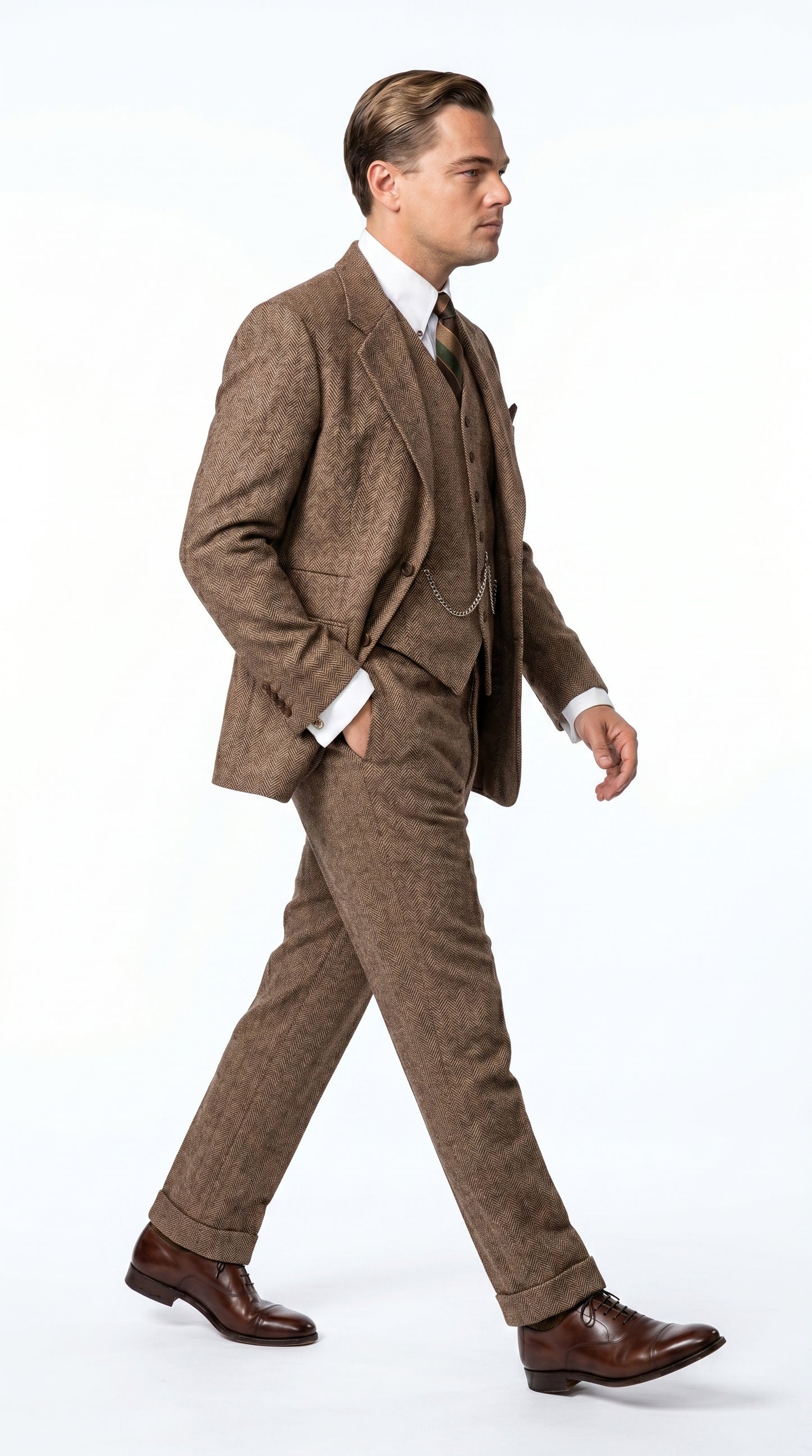 Men’s Light Brown Tweed Herringbone 3 Piece Great Gatsby Suit, Vested Vintage Wedding Formal Suit Set