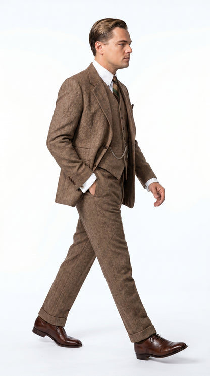 Men’s Light Brown Tweed Herringbone 3 Piece Great Gatsby Suit, Vested Vintage Wedding Formal Suit Set