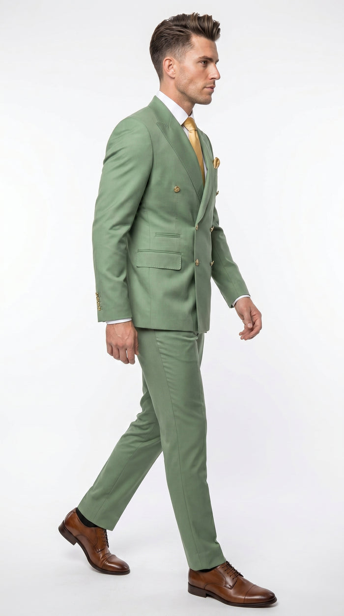 Men’s Sage Green Double Breasted 2 Piece Suit with Gold Buttons, Pistachio Formal Dress Suit