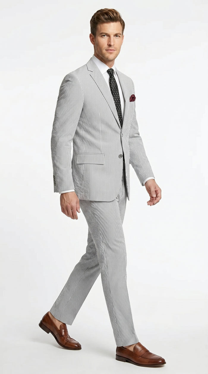Men’s Black Pinstripe Summer Seersucker 2 Piece Suit with Jacket and Matching Pants