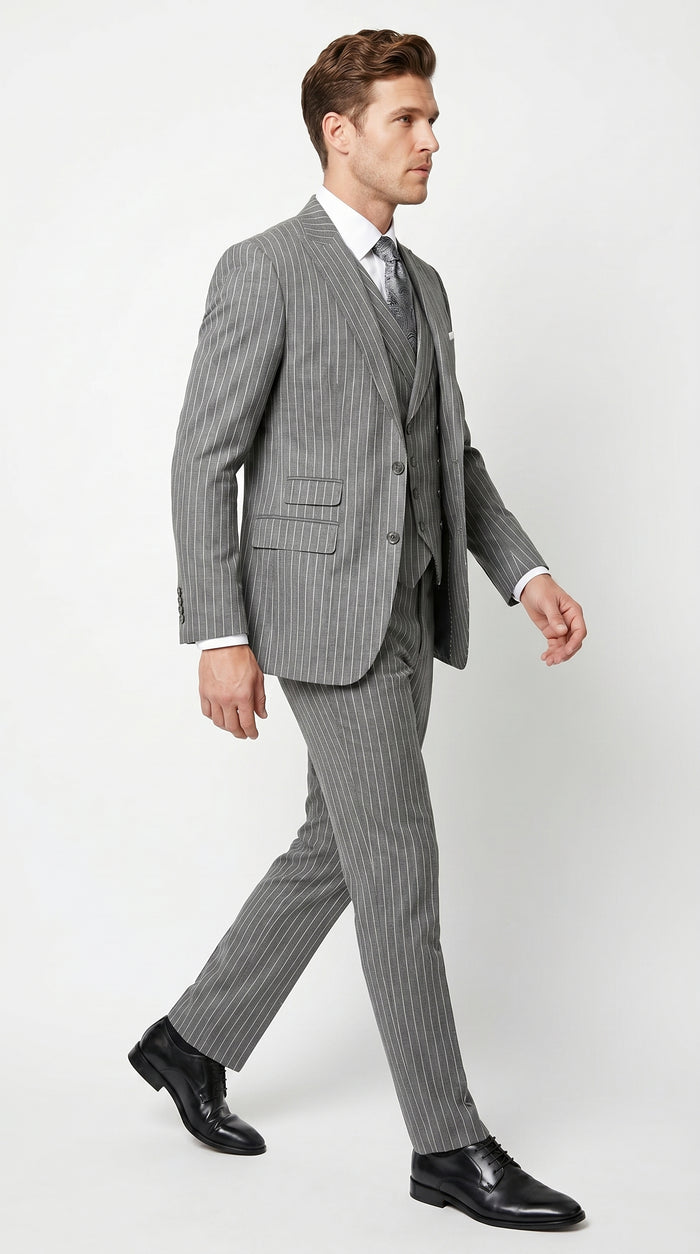 Men’s Gray Gangster Pinstripe 3 Piece Suit with 2 Button Jacket and Double Breasted Vest