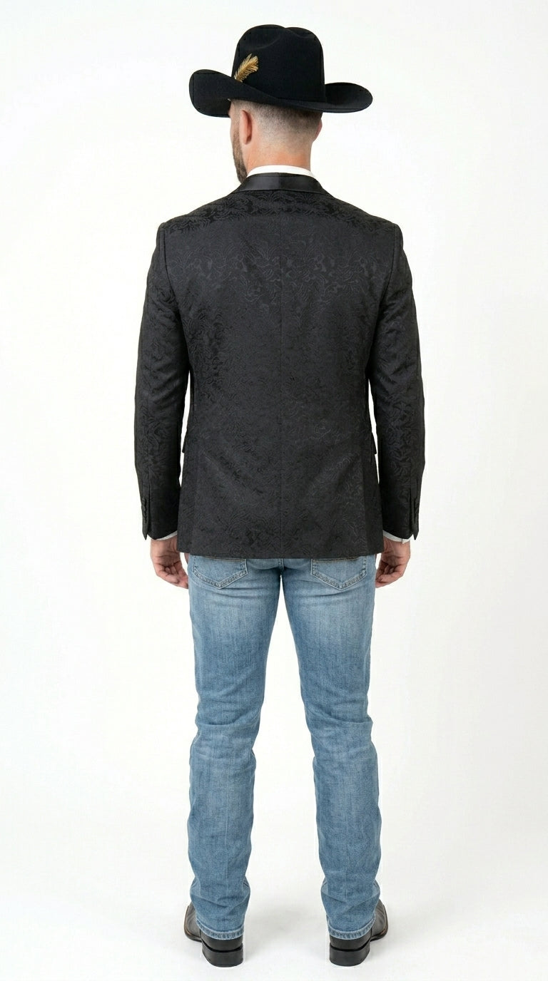 Men’s Black Paisley Jacquard Blazer with Satin Shawl Lapel, Western Formal Designer Jacket