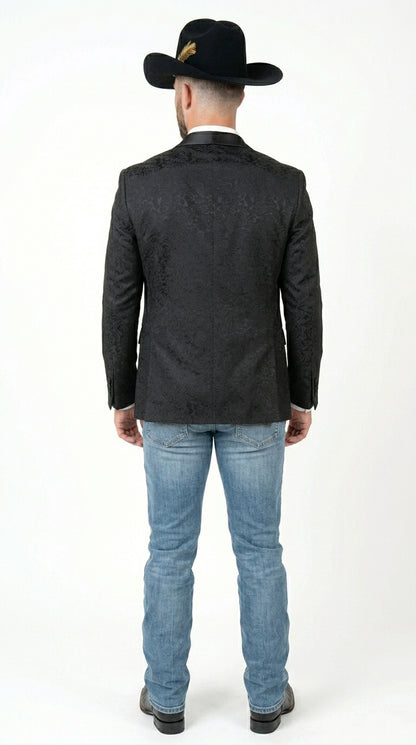 Men’s Black Paisley Jacquard Blazer with Satin Shawl Lapel, Western Formal Designer Jacket