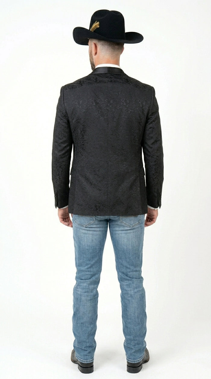 Men’s Black Paisley Jacquard Blazer with Satin Shawl Lapel, Western Formal Designer Jacket