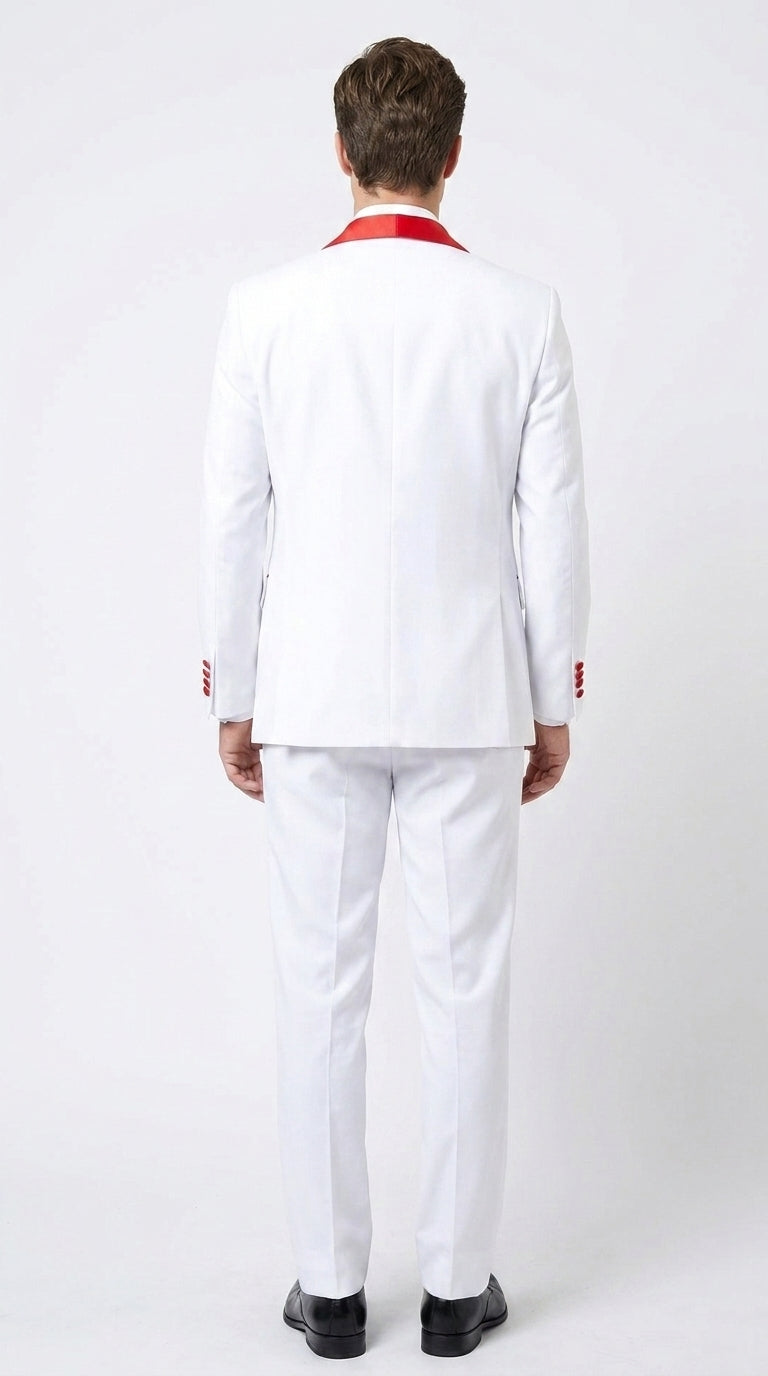 Men’s White and Red 3-Piece Tuxedo – One-Button Shawl Lapel Wedding, Prom and Formal Suit with Vest
