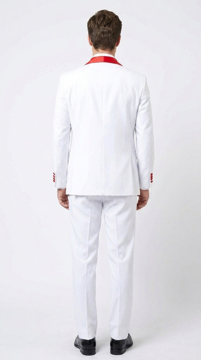 Men’s White and Red 3-Piece Tuxedo – One-Button Shawl Lapel Wedding, Prom and Formal Suit with Vest