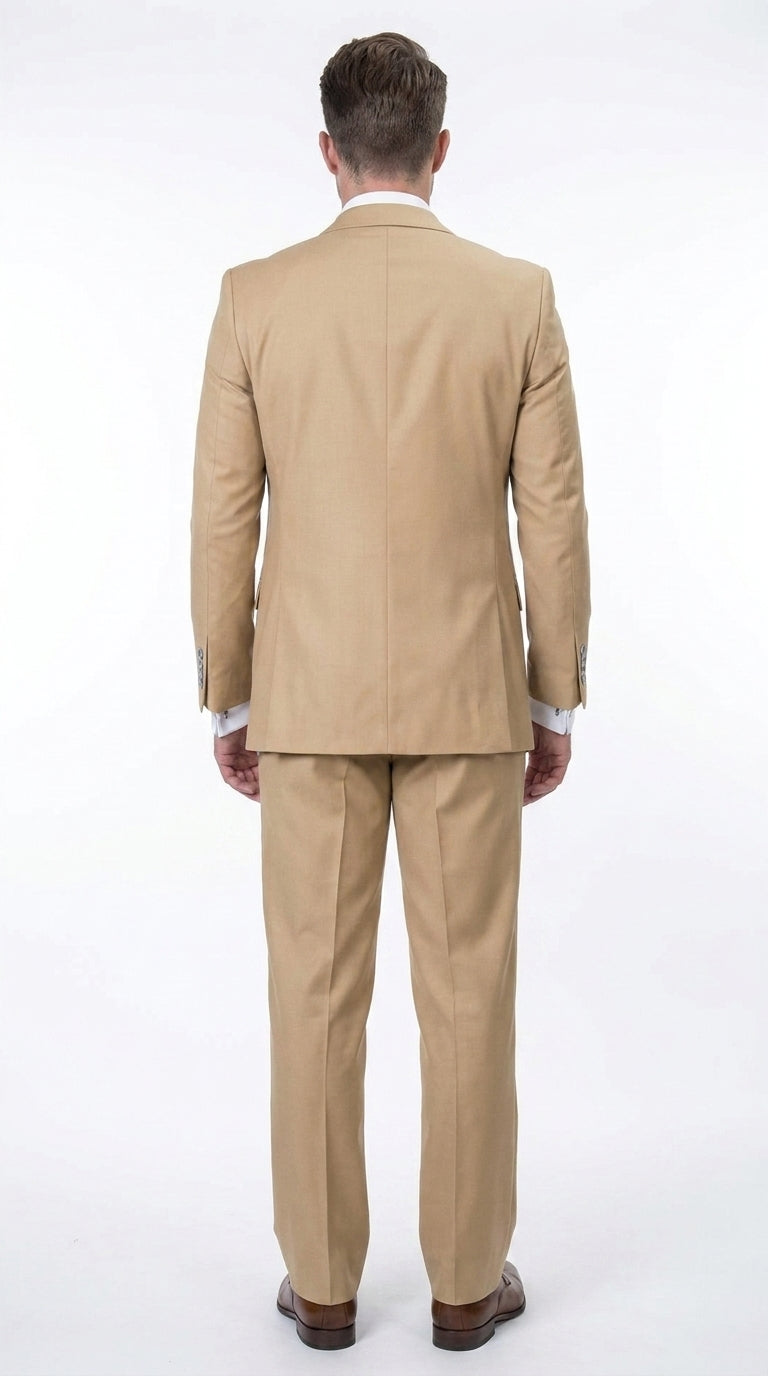 Men’s Camel 100% Wool 3-Piece Suit – One-Button Notch Lapel Suit with Double-Breasted Vest and Wide-Leg Pants