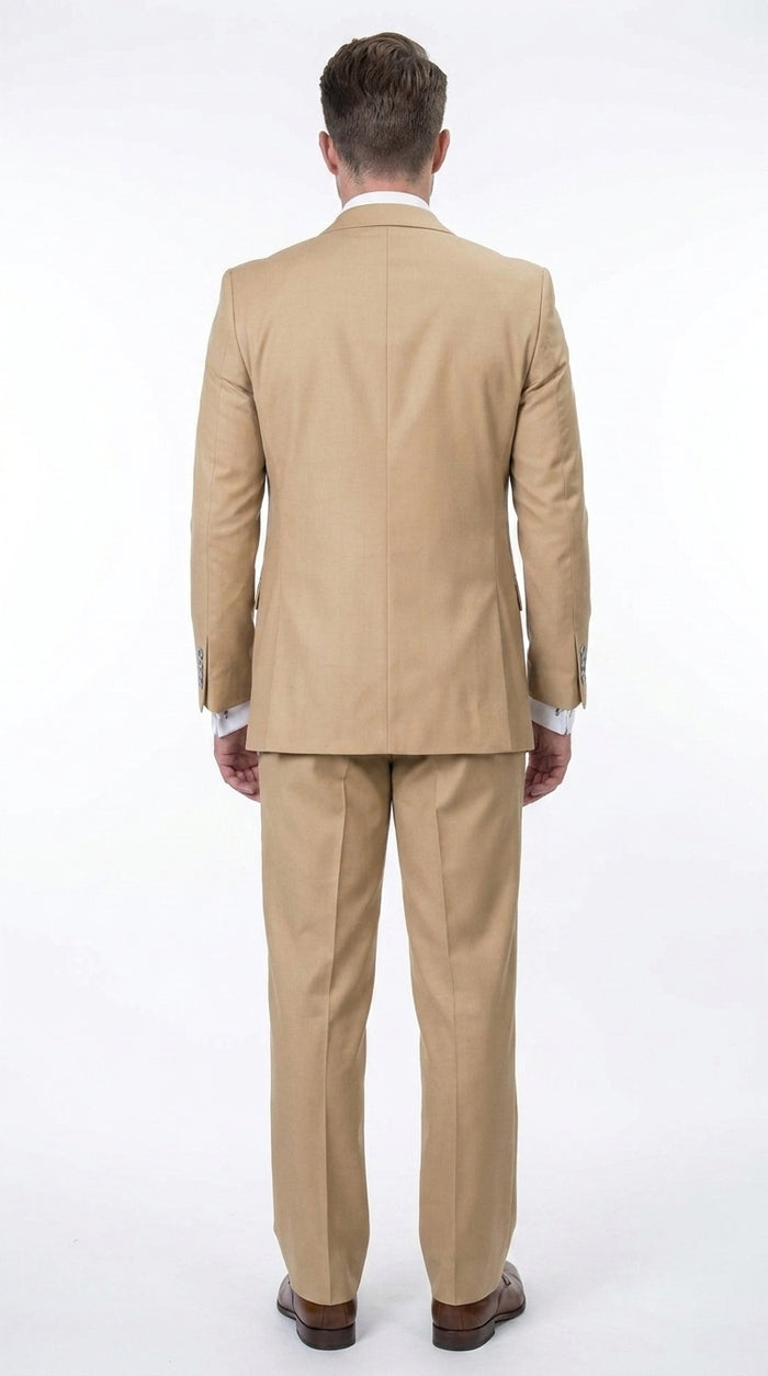 Men’s Camel 100% Wool 3-Piece Suit – One-Button Notch Lapel Suit with Double-Breasted Vest and Wide-Leg Pants