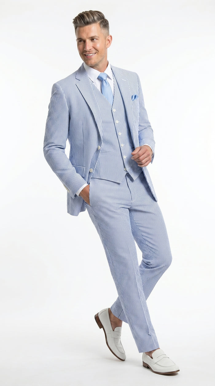 Men’s Light Blue Seersucker Jacket + Pants Suit with 2 Button Jacket, Summer Wedding Formal Dress Suit
