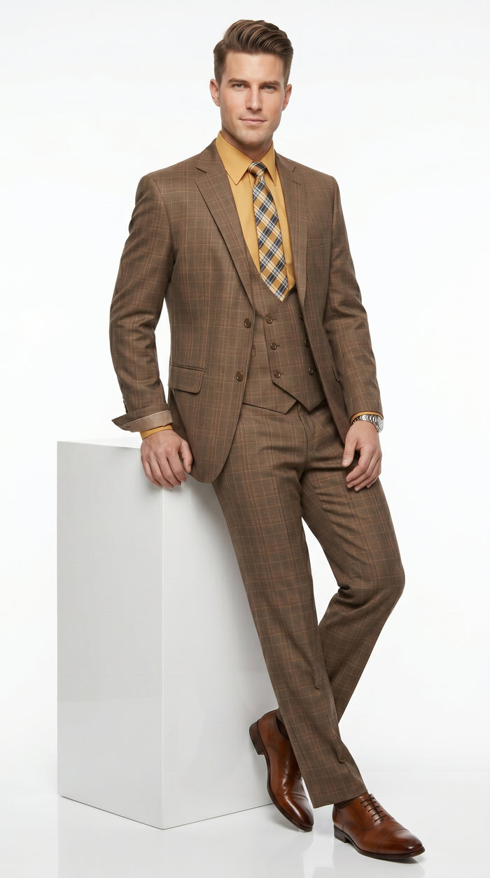 Men’s Brown Windowpane Plaid 3 Piece Suit, Two Button Peak Lapel Classic Formal Suit Set