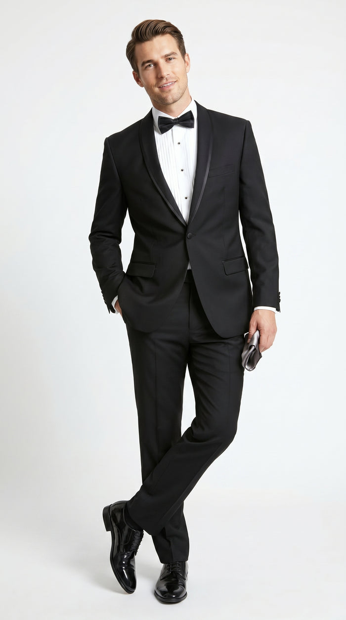 Men’s Black 1 Button Shawl Tuxedo with Black Satin Trim, Formal Wedding Dinner Suit