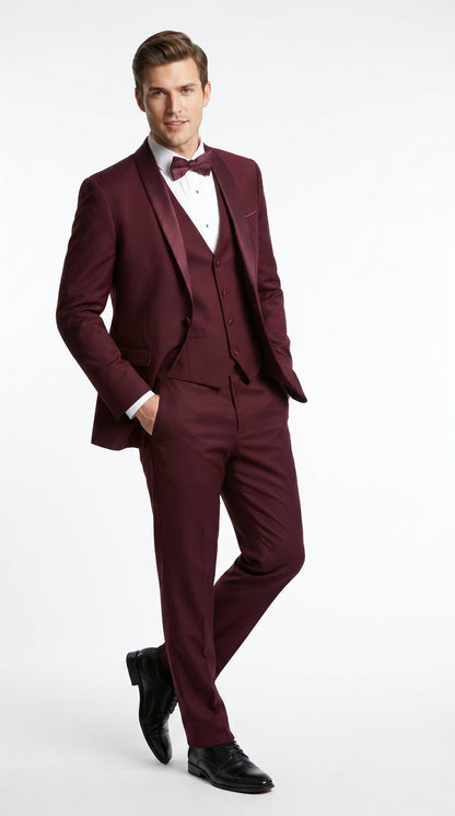 Men’s Burgundy Wool Vested Shawl Prom Tuxedo with One Button Jacket and Matching Pants