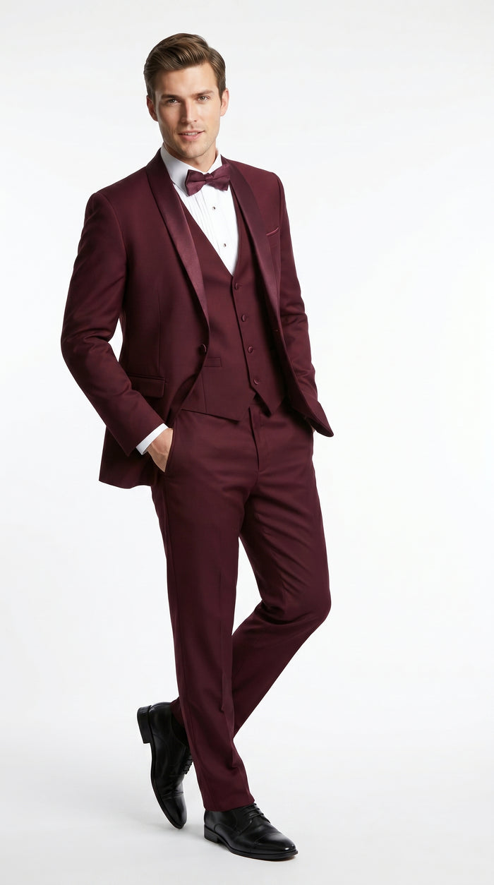 Men’s Burgundy Wool Vested Shawl Prom Tuxedo with One Button Jacket and Matching Pants